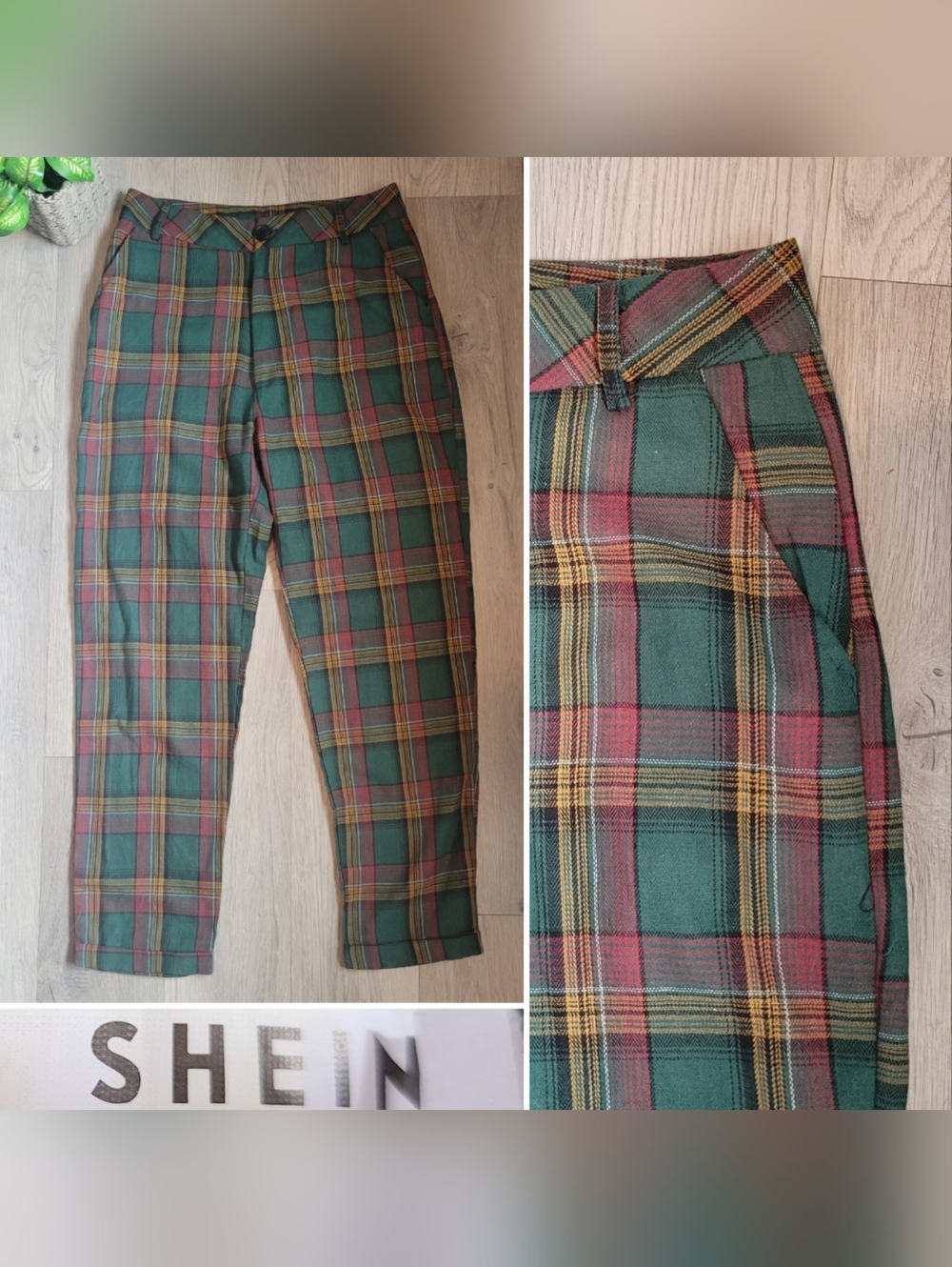 Shein Green Plaid Grandpa Straight-leg Ankle Length Cuffed Trouser, Women Medium